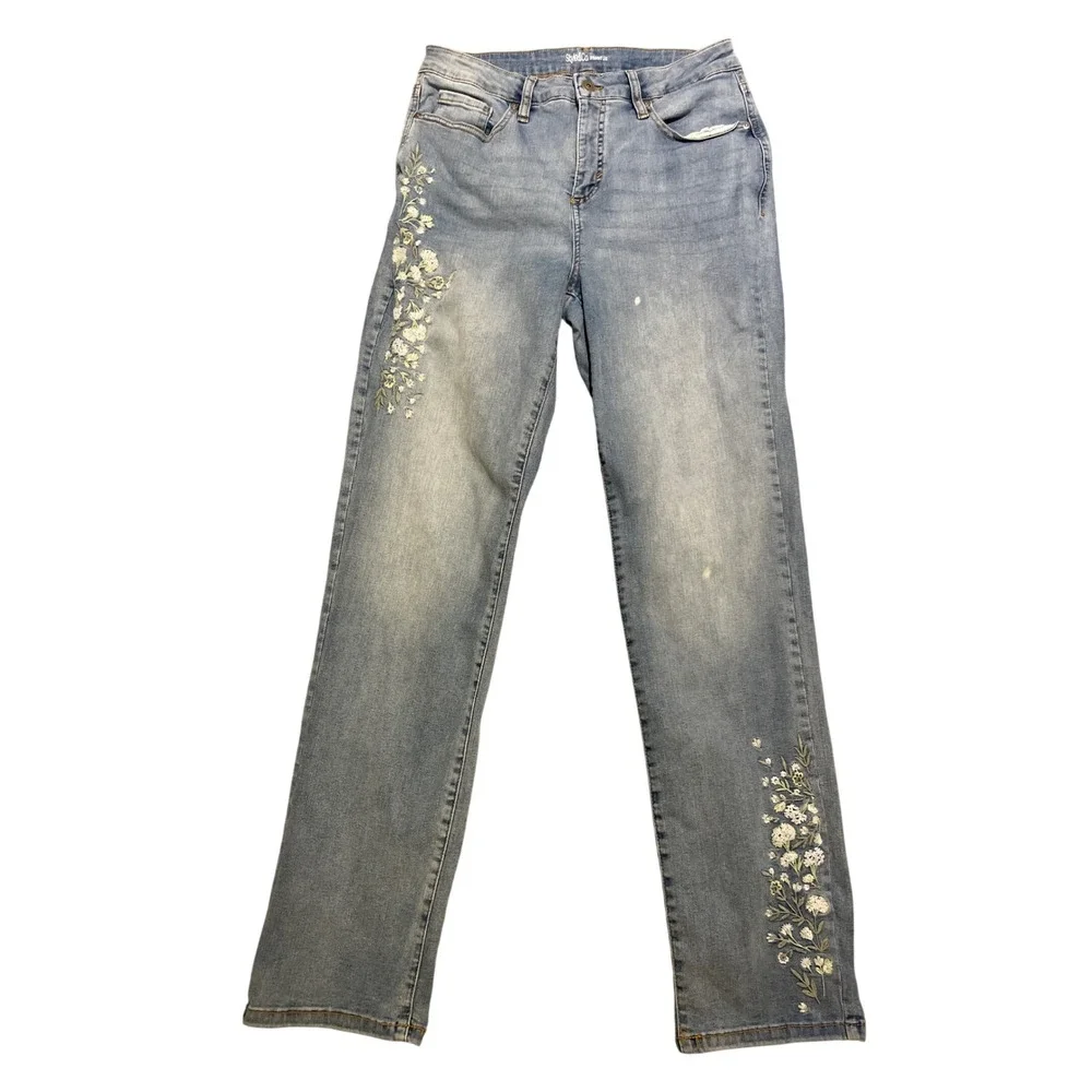 Style & Co Jeans Women's Size 8 Straight Leg Floral Embroidered Light Wash Denim